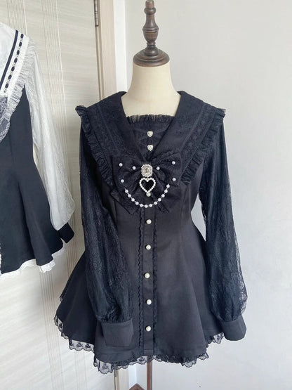 Set: Kei Coord Sleeve Navycore Dress Collar x Long Jirai Matching All-Black Shorts Sailor