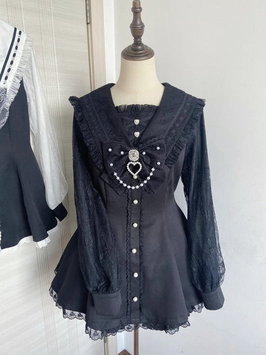 Set: Kei Coord Sleeve Navycore Dress Collar x Long Jirai Matching All-Black Shorts Sailor