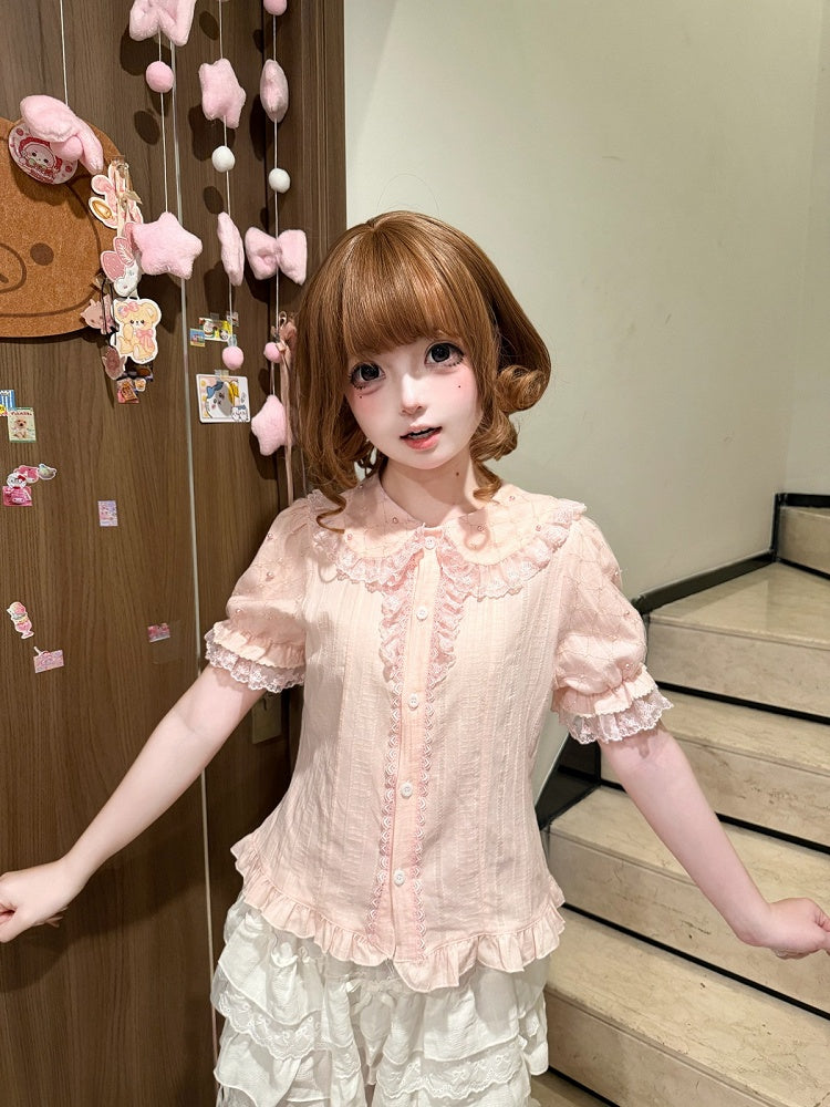 Pink Short Sleeve Lolita Cotton Blouse with Lace Bead Details - Jelly Girl
