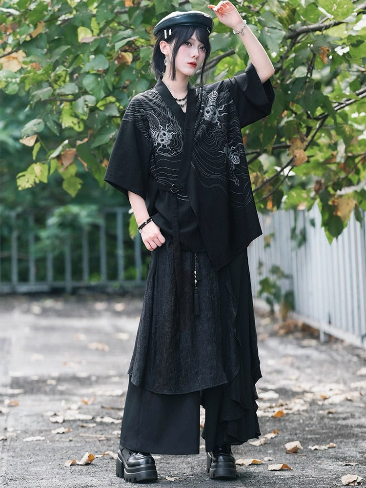 Dark Asymmetric Wide-Leg Pants with Spliced Panels - Quirky Hut