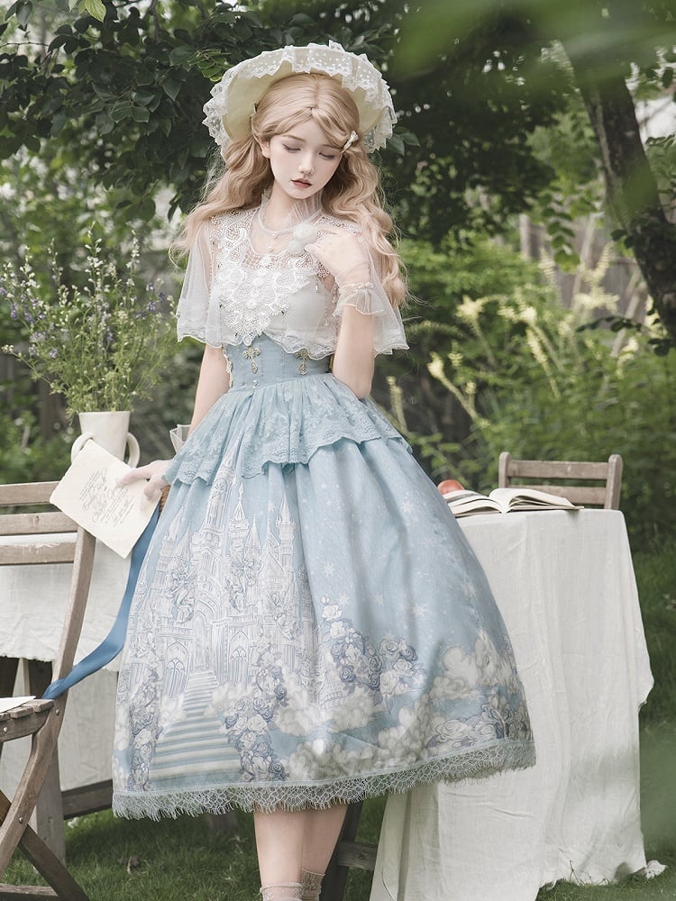 Weißer Rock mit hoher Cape-Taille, Top, Camisole + Tüll-Print, Castle Blue