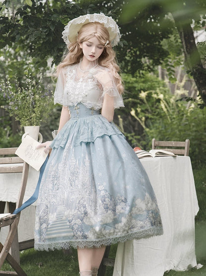 ホワイトスカート ハイケープウエストトップ キャミソール + チュールプリント キャッスルブルー