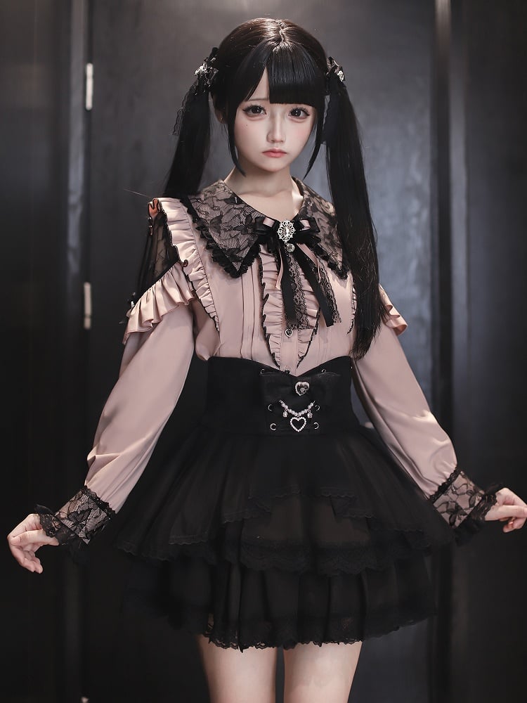 Schwarze Schulter Kei Pink mit Kragen Spitze Ausschnitte Spitze Bluse Jirai Gothic