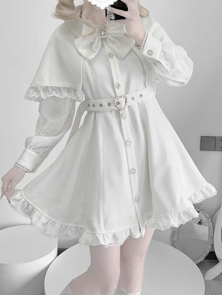 Dress White Cape and Belt Collar Detachable Jirai Buckle with Beaded Kei