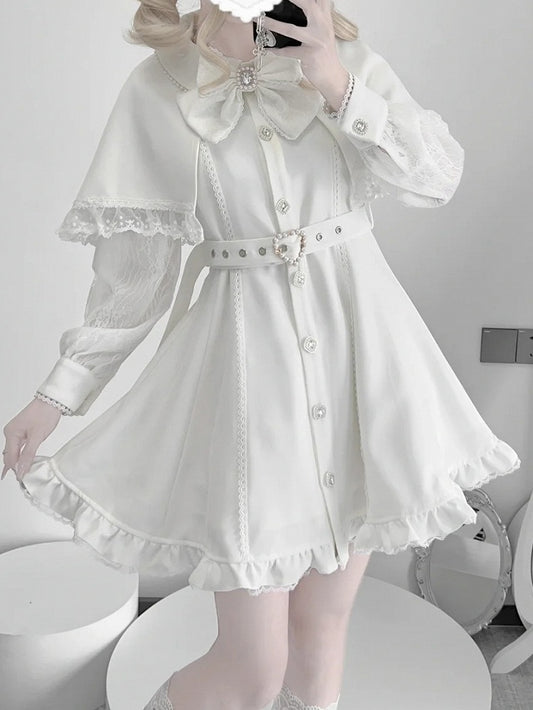 Dress White Cape and Belt Collar Detachable Jirai Buckle with Beaded Kei