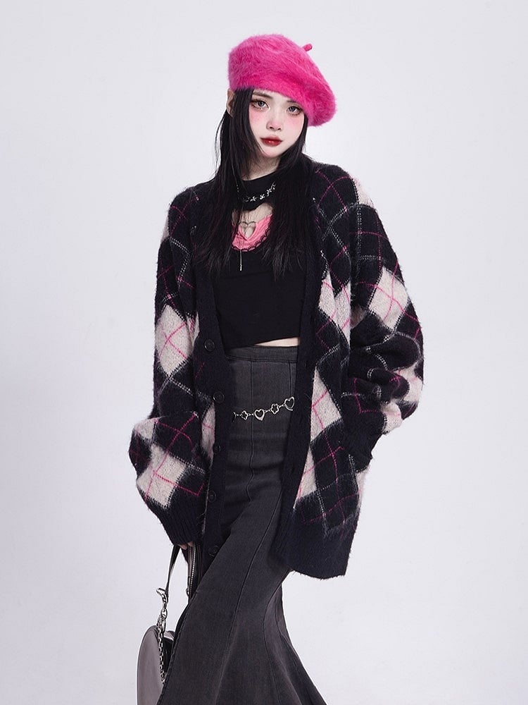 Mink Black Faux Diamond V-Neck Vintage Knit/Brushed Pattern Version Cardigan