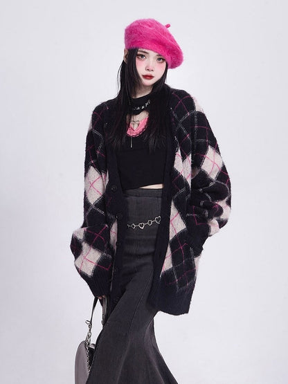 Mink Black Faux Diamond V-Neck Vintage Knit/Brushed Pattern Version Cardigan