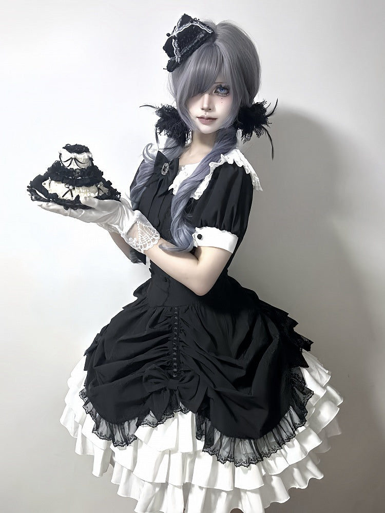 and Asymmetrical Dress Black Lolita Peter Pan White Skirt Tiered Gothic Sleeves Collar Short