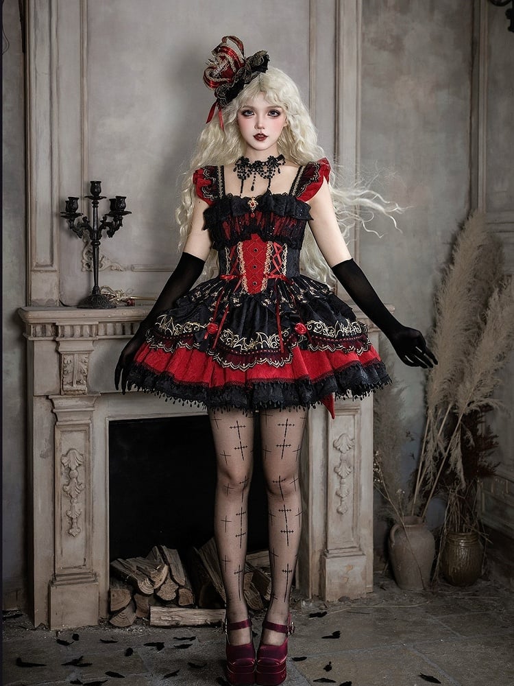 Gothic Lolita JSK Dress with Bat Pattern and Floral Embroidery in Black and Red - Dream Magic Box