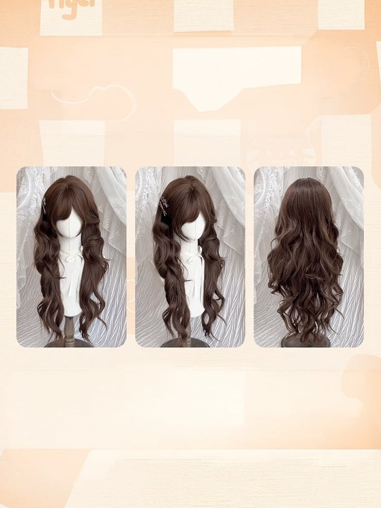 Chocolate Brown Wavy Wig with Side-Swept Bangs - Meow Island Wig