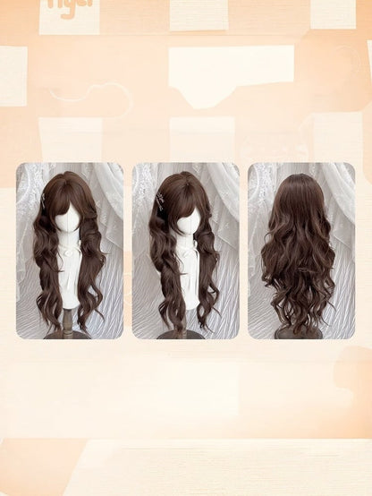 Chocolate Brown Wavy Wig with Side-Swept Bangs - Meow Island Wig