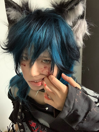 Blue-black Ombre Long Wavy Synthetic Wig With Bangs