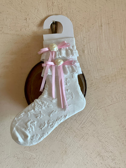 Trim Decoration White/Black Bowknot Lace Calf with Camellia Socks