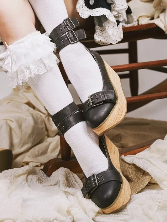 Steampunk Platform Gray PU Accents Buckle Ankle Fastening Janes Mary Snap Dual Dark -