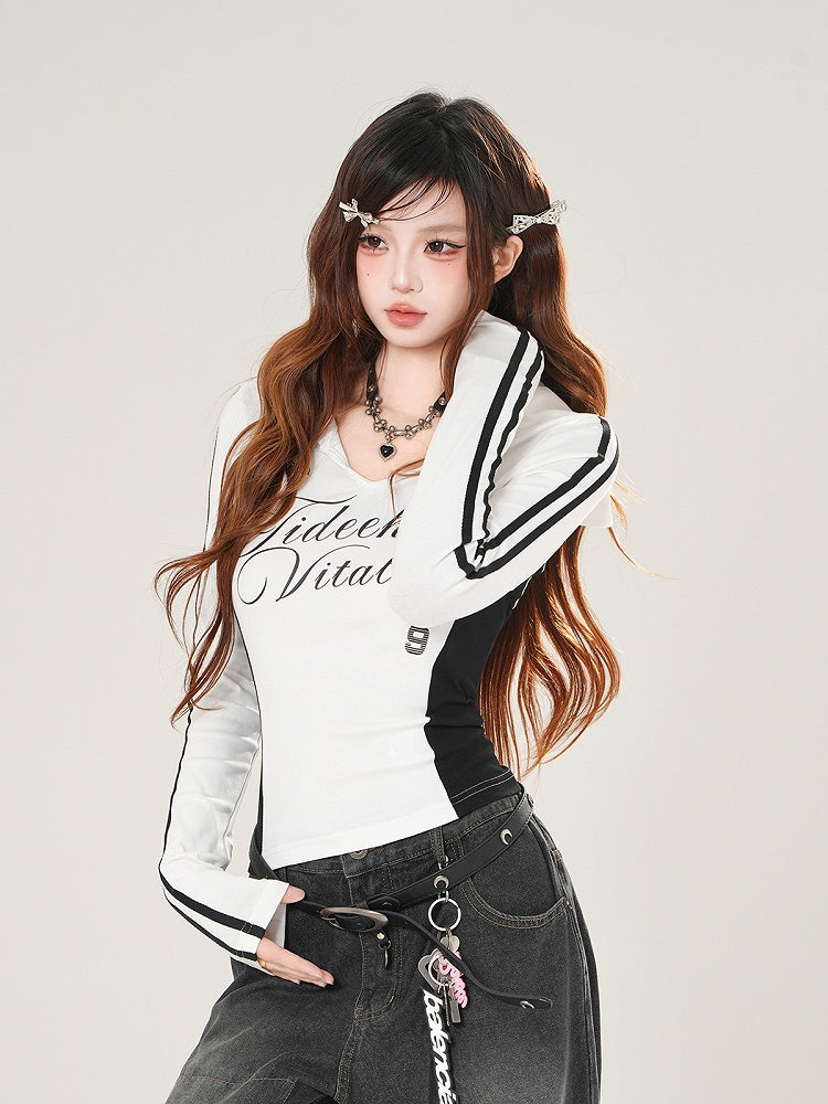 Sailor Block Graphic Top Collar Long Sleeve Prints White/Black with Color and