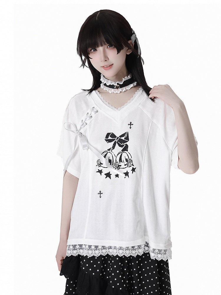 Free Choker T-Shirt White V-Neck Lace-up Detail Blokecore Graphic with