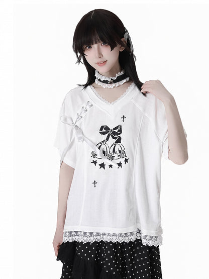 Free Choker T-Shirt White V-Neck Lace-up Detail Blokecore Graphic with