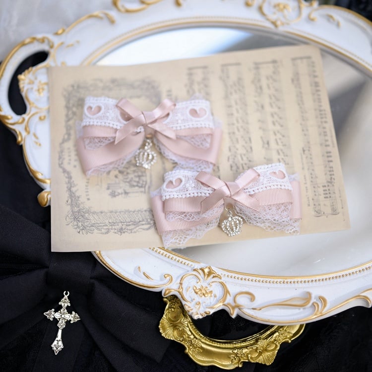 Jirai Kei Bow Hair Clips with Rhinestone Crown Charm