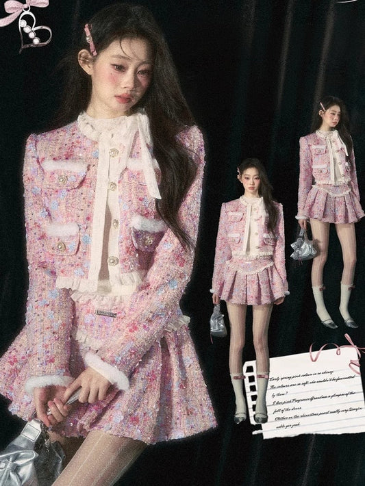 ピンクのジャケット 花柄ビーズ装飾 スパンコールディテール