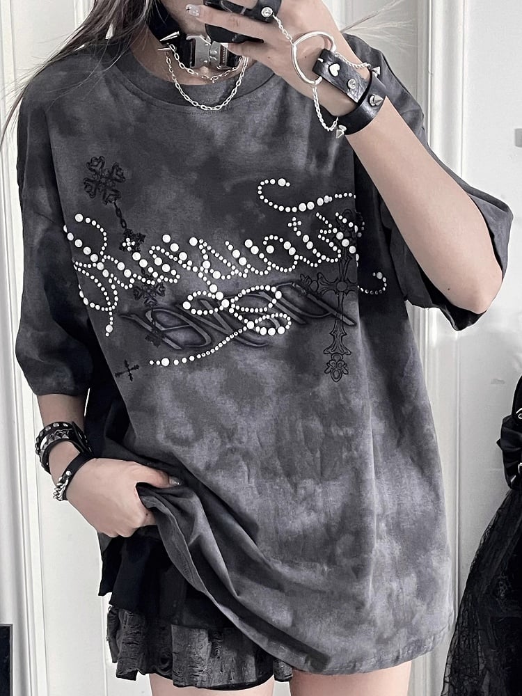 Beaded Punk Cross Short Gray Print with Tie-Dye T-shirt Lettering Sleeve
