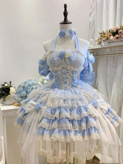 Hanayome Dress Fairy Jumper Tiered Skirt Hem Princess Blue Lolita Flower