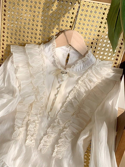 Beige Balloon Sleeve Blouse with Ruffle Accents and Rose Brooch - With PUJI