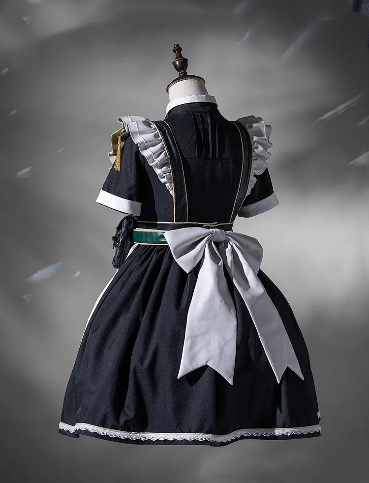 Kleid kurz Militär voller Lolita Flatterärmel und Dienstmädchen Schürze Set schwarz