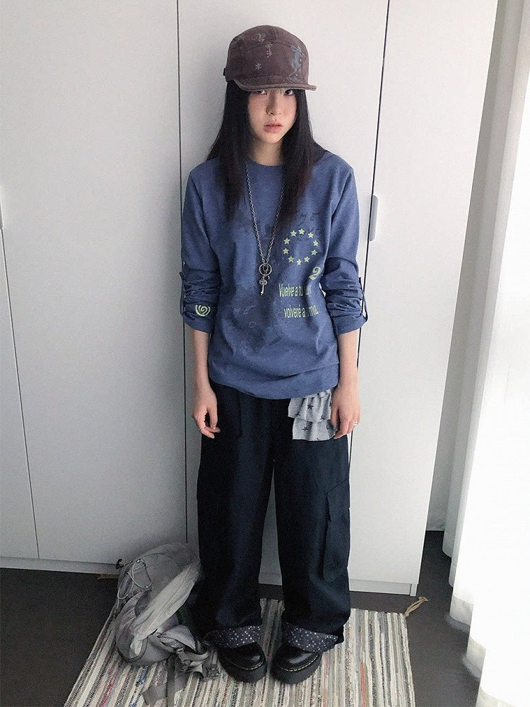 Y2K Purple Crew-Neck Long-Sleeved Loose Tee with Distressed Graphic - innomoood
