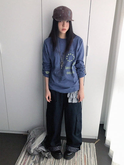 Y2K Purple Crew-Neck Long-Sleeved Loose Tee with Distressed Graphic - innomoood