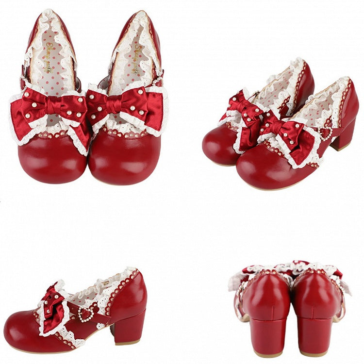 Embellished Bow Sweet Accent Red Leather PU Beads Trim Heels in Lace Mid