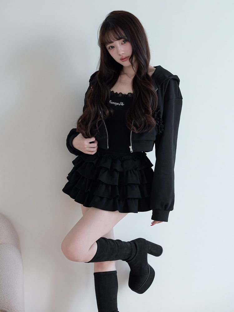 Set Camisole Lace Kei Letter + Jirai Pattern Hoodie Zip Black