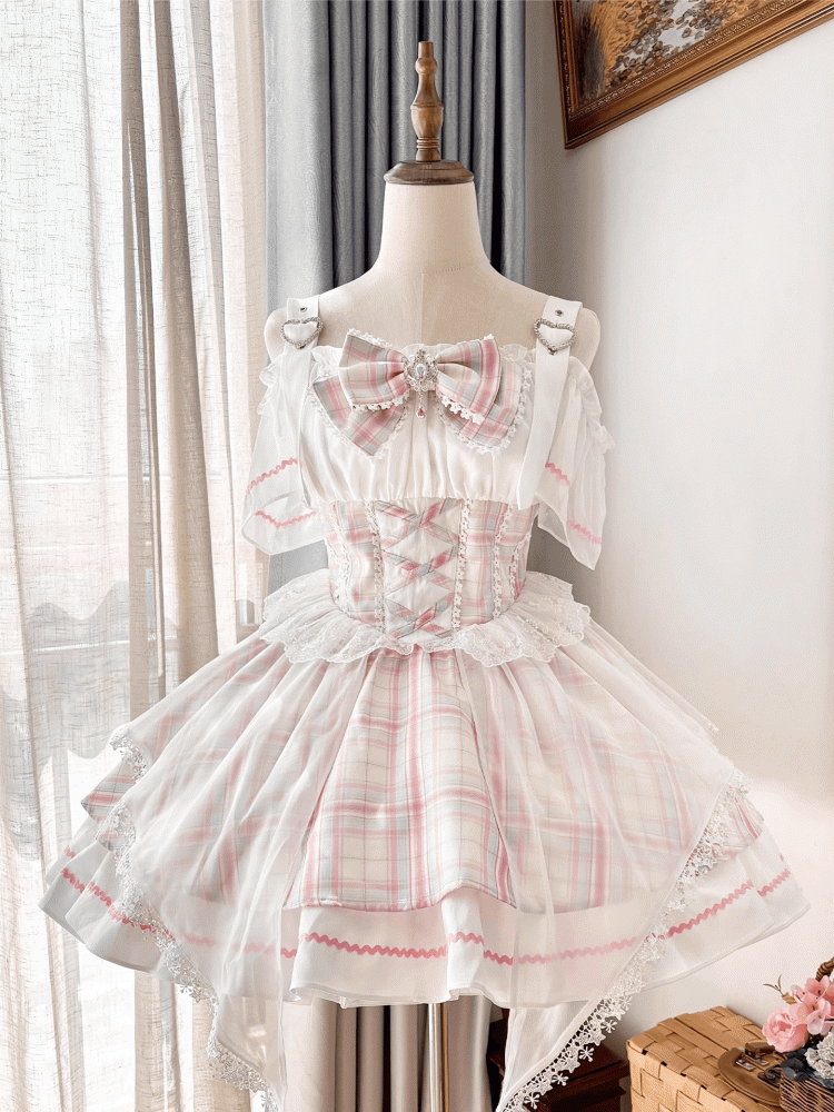 with Off-the-shoulder Pink Skirt Neckline Sweet Bowtie Lolita Jumper Free Idol Plaid