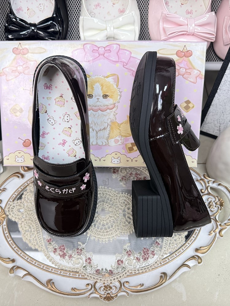 PU Dark Brown Academic Style Slip-On Shoes - Low/Mid Heel with Cherry Blossom & Kanji Embroidery