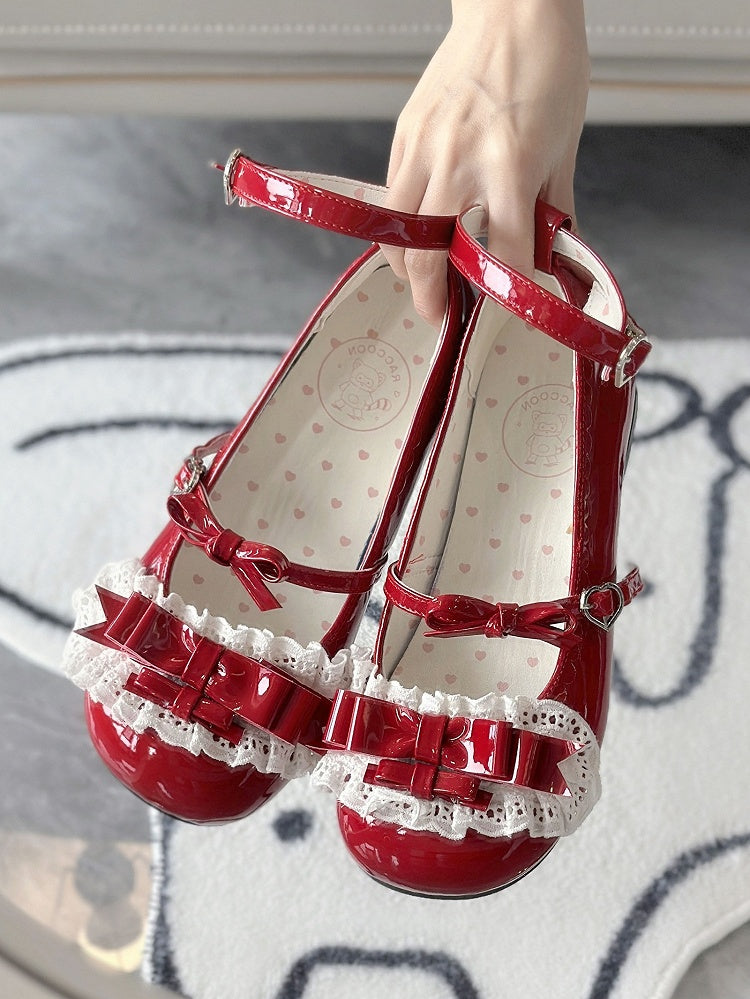 Sweet Low Delicate Leather Lolita Ruffled Heels Fastener Heart Red PU Lace - with