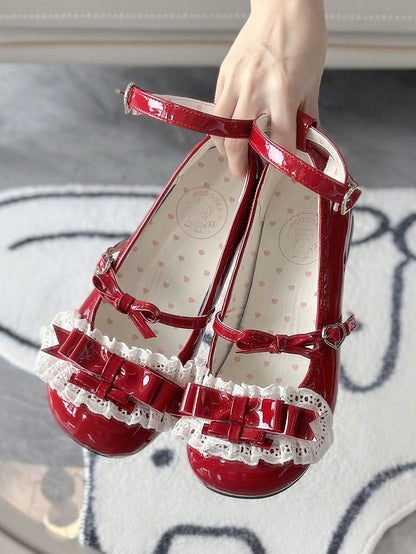 Sweet Low Delicate Leather Lolita Ruffled Heels Fastener Heart Red PU Lace - with