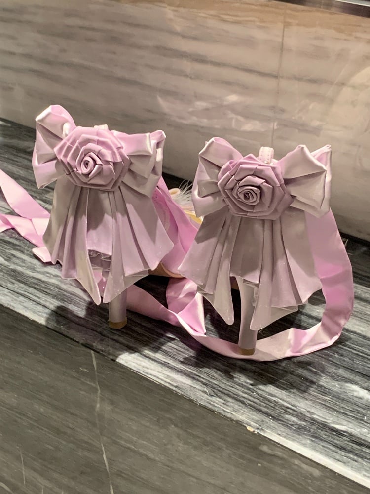 Elegant Rose Theme Bowknot & Bead Accents Lolita Shoes - 9.5cm High Heel - Cheese Mango