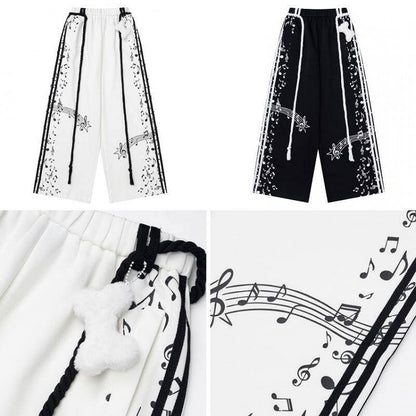 Black Music Note Printed Straight Leg Pants with Waist Cord - Kawaii Daily - CRAZY GIRL