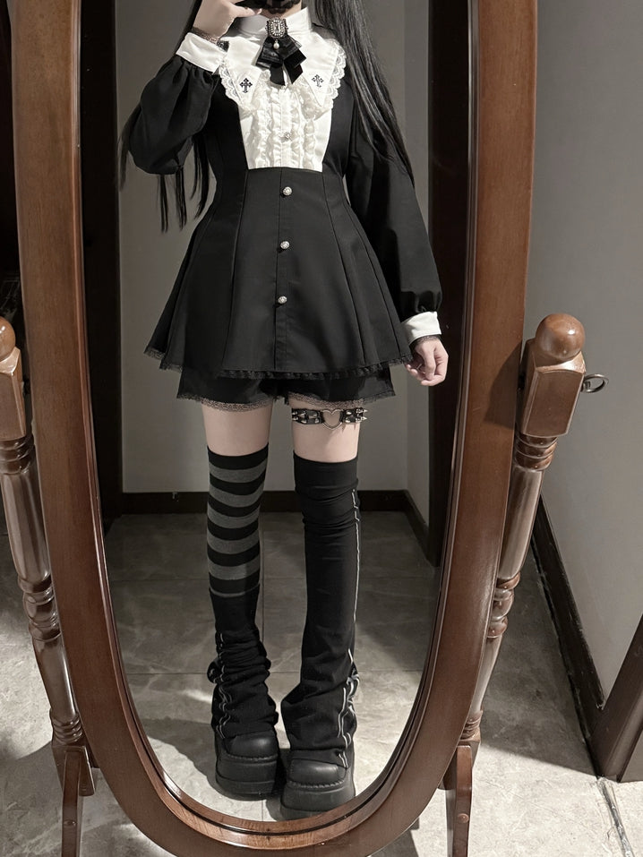 Bow Shorts Set - Cross Embroidered Pointed Flat Collar Dress + Three-piece Jirai Kei Black + Tie