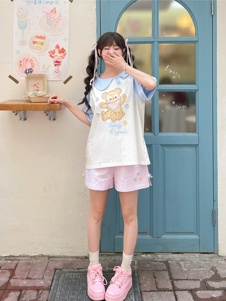 青と白のアシンメトリーピーターパンカラーベアプリントTシャツロングバージョン