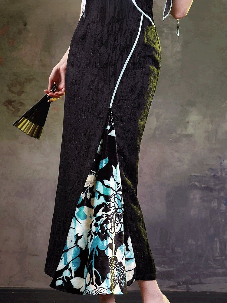 Cheongsam Style Side Slit Gown with Dark Floral Embroidery Back & Flutter Sleeves - sijinstudio