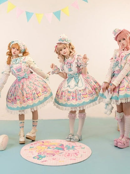 Bunny Collar Dress Pan Lolita Maid Blue Print Cupcake Peter and Pink