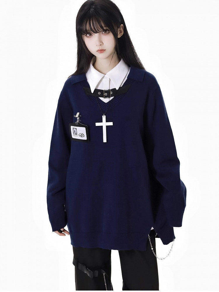 Free Holder Navy Blue V-Neck Buckle Card Strap Spring Sweater Necklace