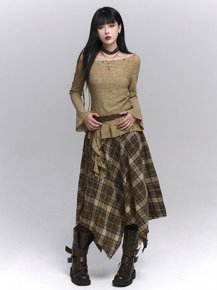 with Belt Zipper Detachable Gothic Hem Skirt Plaid Side Coffee Handkerchief