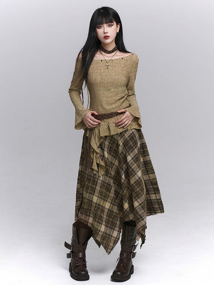 with Belt Zipper Detachable Gothic Hem Skirt Plaid Side Coffee Handkerchief