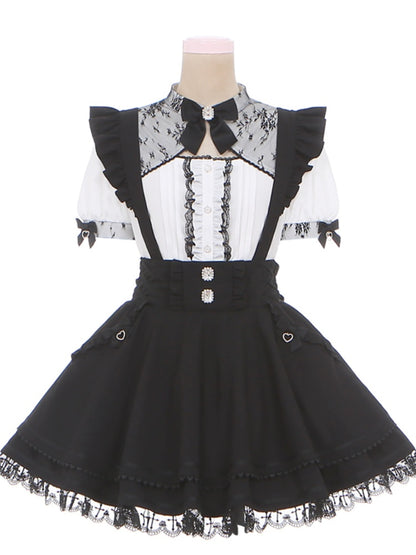 Tiered with at Back Skirt Sleeves Jirai Kei Black Overalls Embellished Bow Flutter Big Rhinestones