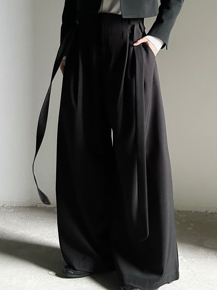 Ouji Ties Side Fit with Relaxed Black Long Wide-Leg Unisex Lolita Pants
