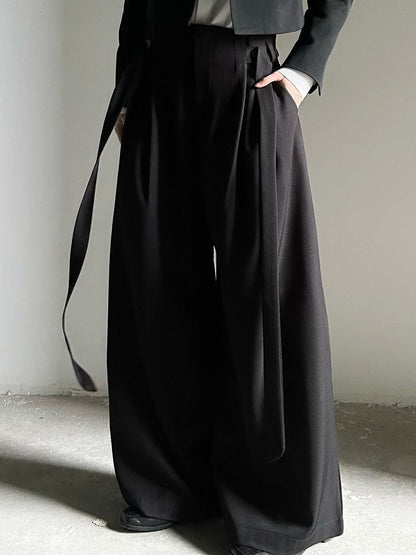 Ouji Ties Side Fit with Relaxed Black Long Wide-Leg Unisex Lolita Pants
