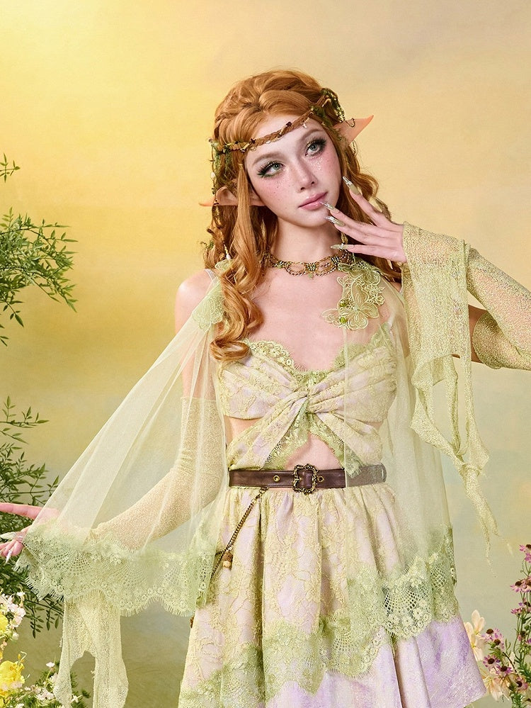 Green Mori Sheer Sleeveless Top Lace Trim - Virtual Orbit