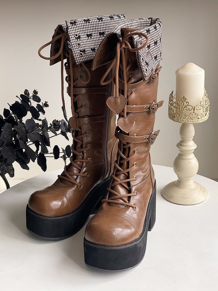 Cuff Heel Caramel Platform Fold-over Boots Block