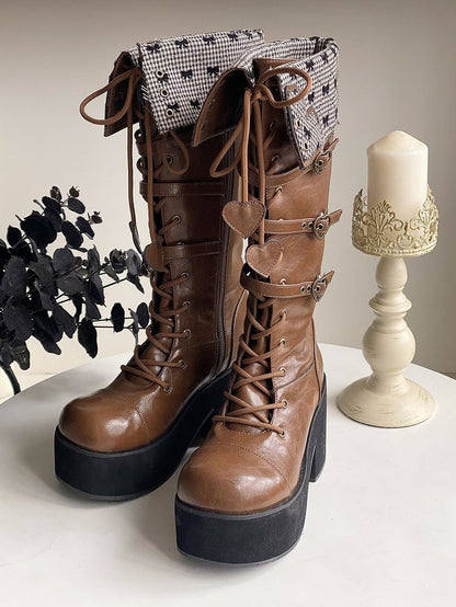Cuff Heel Caramel Platform Fold-over Boots Block